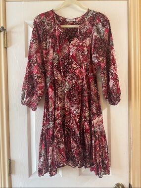 Calvin Klein Burgundy Patchwork Floral Midi Dress